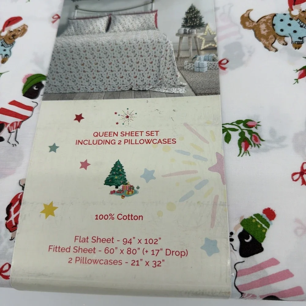 Cath Kidston London 6pc QUEEN Cotton Christmas ~ PUPPY LOVE PINK ~ Sheet Set New